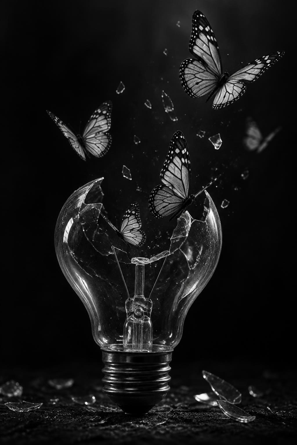 Butterflies emerging from a glass light bulb