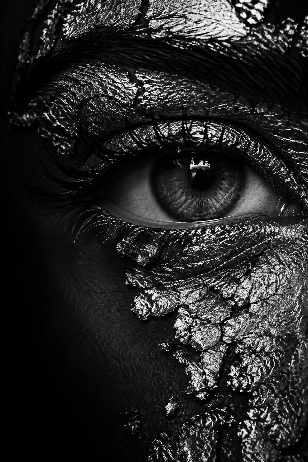 Close-up eye with a fragmented metallic texture