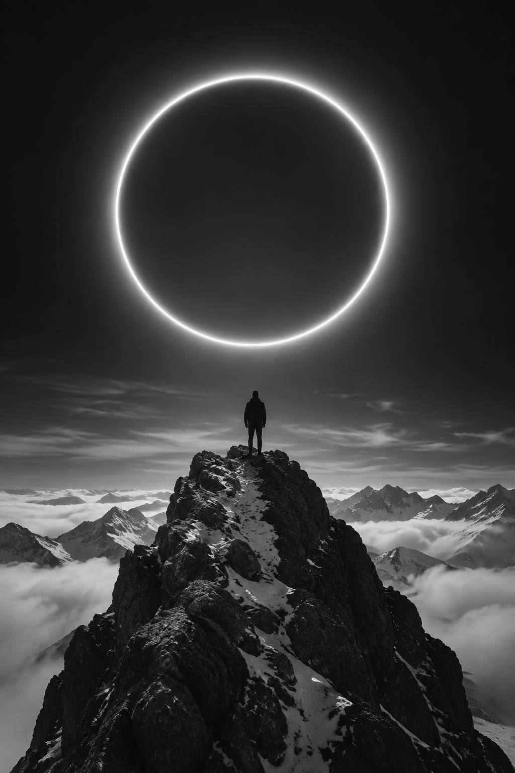 Figure standing on a mountain beneath a luminous ring