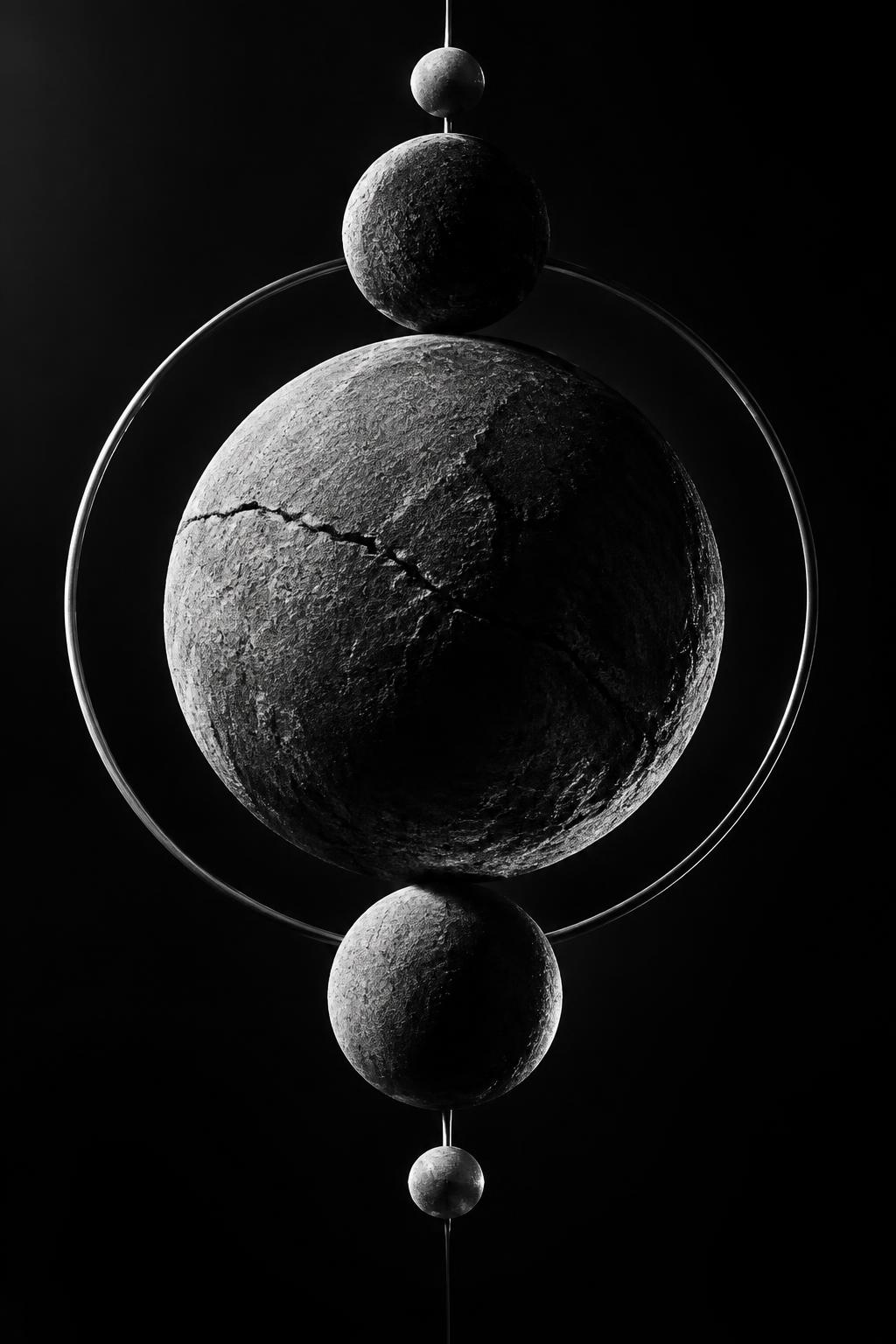 Textured spheres arranged within an orbital ring