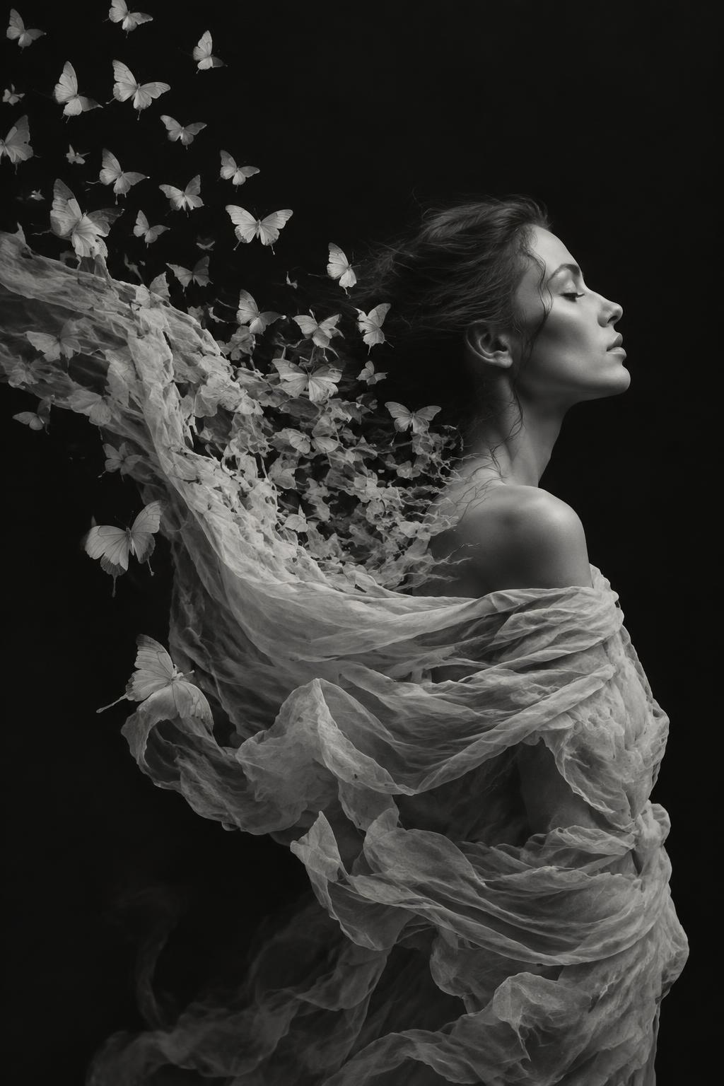Profile portrait with flowing fabric and butterflies
